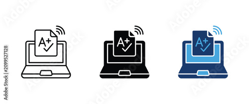 Photos Online homework icon, E-learning laptop exam paper symbol, Distance education as