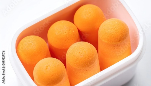 Bright Orange Foam Earplugs Stored in a White and Pink Container