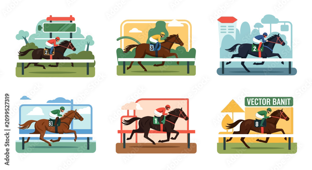 Fototapeta premium Horse Racing Set: Jockeys Competing in Dynamic Equestrian Sports Illustrations