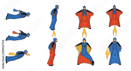 Cuadro en lienzo Set of Parachutist Characters in Wingsuit Flying and Skydiving Positions