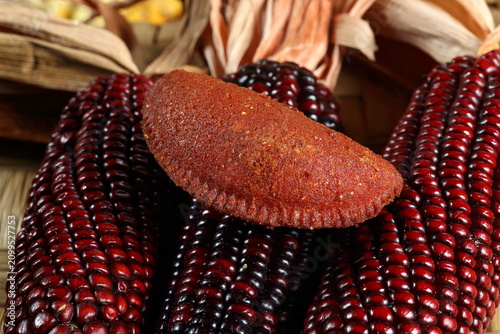 Cornmeal mush pastry served on ears of corn of various colors.