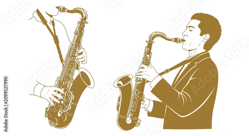 Fotografía Two Musicians Playing Saxophones, Jazz Band Performance, Vintage Style Illustrat