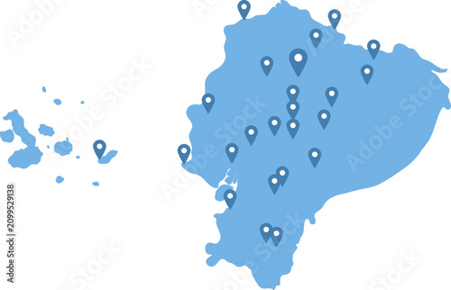 Ecuador simplified map with location pins on provinces capitals, infographic vector