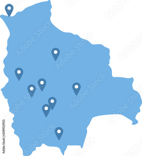 Bolivia simplified map with location pins on departments capitals, infographic vector