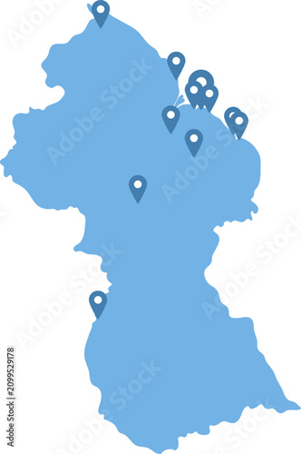 Guyana simplified map with location pins on regions capitals, infographic vector