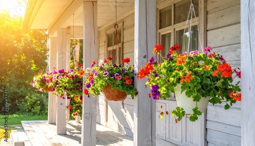 Charming wooden porch adorned with vibrant hanging flower baskets bathed in warm sunlight.