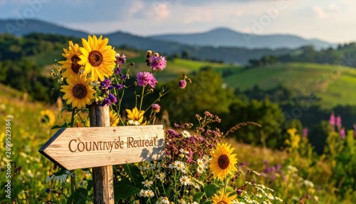 Charming wooden sign pointing to 'Countryside Retreat' nestled among blooming sunflowers and wildflowers, with rolling green hills and distant mountains under a warm golden hour sky.