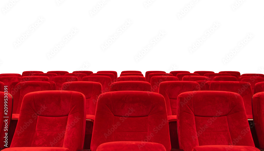 Fototapeta premium Cinema seats red velvet rows arranged in a modern theatre auditorium for watching movies and entertainment events&nbsp;
