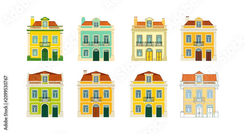 Set of Colorful Portuguese Style Townhouse Vector Illustrations