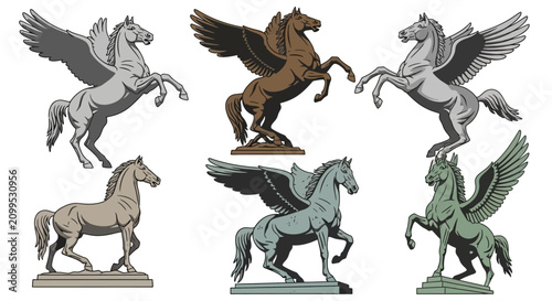 Set of Pegasus and Horse Sculptures Isolated on White