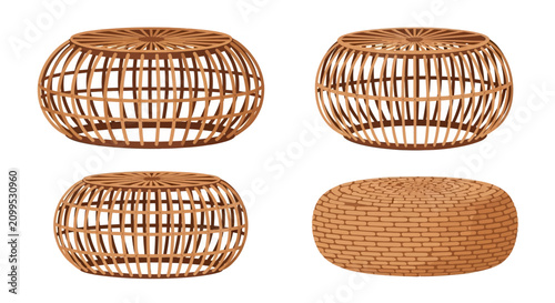 Obraz na płótnie Set of Modern Wicker Rattan Ottoman Stools and Pouf