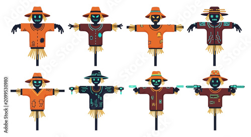 Принти на полотні Set of Pixel Art Scarecrows for Farm and Halloween Game Assets