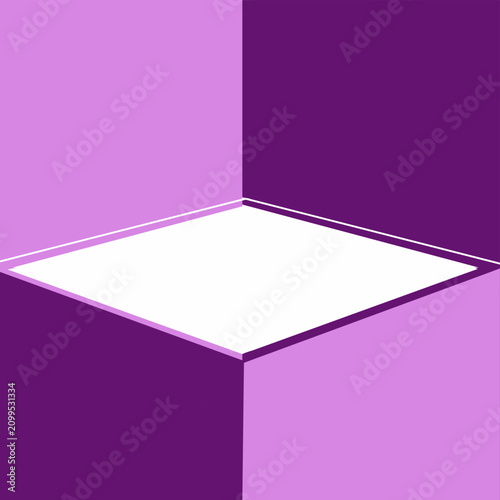 A minimalist 3D purple geometric podium with a white platform, featuring an abstract corner stage background for product presentations, branding, advertising, and mockup design.