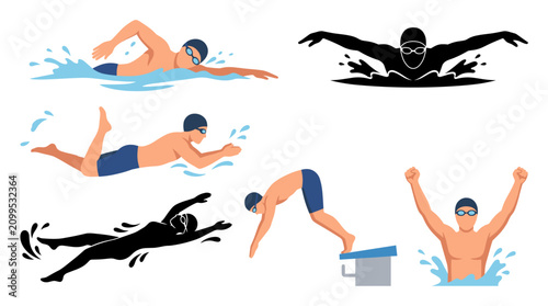 Quadro su tela Set of vector collection featuring different swimmer action poses, freestyle swi