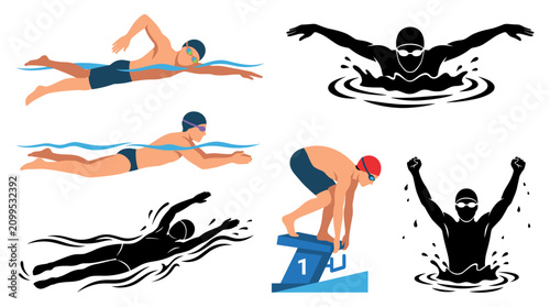 Фотография Set of vector collection featuring different swimmer action poses, freestyle swi