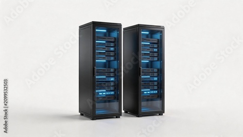 Two server racks with blue lights