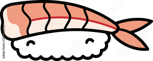 Cute Kawaii Ebi Shrimp Sushi Vector Illustration, Japanese Food Mascot Character with Smiling Face, Flat Design Clipart for Restaurant Menu and Kids Stickers