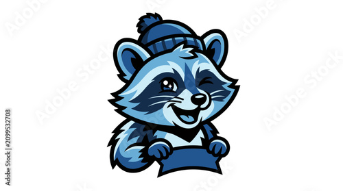Raccoon wearing a blue hat.