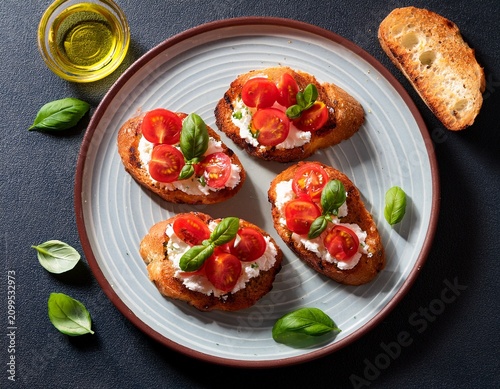 tomato and cream cheese bruschetta with olive oil and basil on a plate overhead shot classic italian appetizer