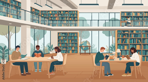 Students Studying in Library: A diverse group of students engage in focused study and reading within a bright and spacious modern library.