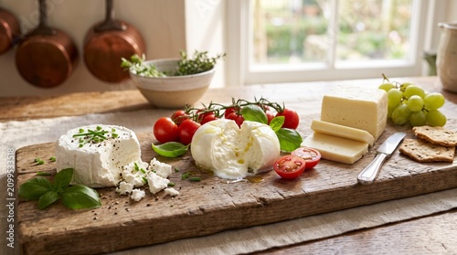 Artisan cheese board with fresh ingredients and rustic charm
