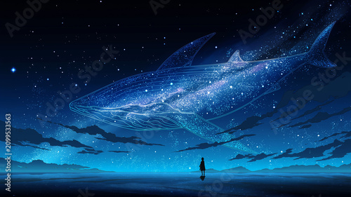 光をまとい海を遊泳する鯨のスピリチュアルイラスト、幻想的、神秘的、海の精霊、星屑、流線、癒やし、守護、神聖、祈り、瞑想、願望、深海、潮流、海洋生物、海獣、クジラ、自然、生命、夢幻、神話、ファンタジー、象徴、装飾、背景、アート、デジタルアート、手描き風、表紙、壁紙、カード、ポスター、素材、ヒーリング、静寂、優雅、希望、神秘世界、物語性、インテリア、幻想素材、海中世界、癒やし空間、吉兆、瑞兆、神秘背景
