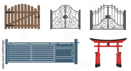Collection of Diverse Gates: Wood, Wrought Iron, Modern, and Torii