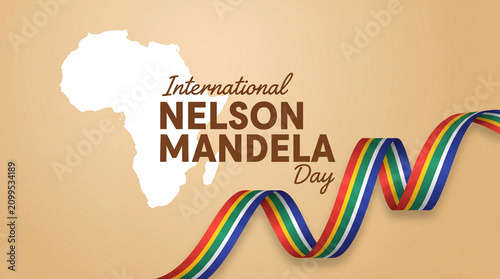 A graphic design celebrating International Nelson Mandela Day, featuring a white outline of the African continent and a decorative South African flag ribbon.