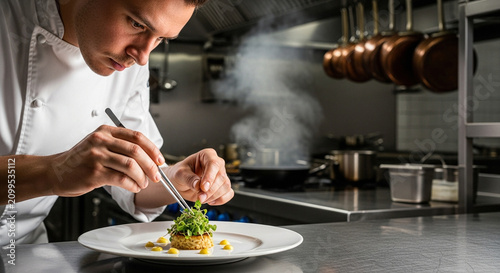 Chef garnishing dish in kitchen
