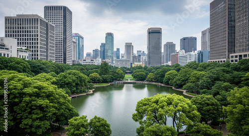 City park with pond and skyscrapers