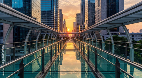 Cityscape at sunset with glass walkway