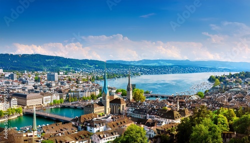 aerial view of zurich cityscape with limmat river and lake zurich