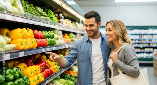 Couple shopping for colorful bell peppers