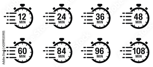 Stopwatch Collection: A set of eight stylized stopwatch icons, each displaying a different minute count from 12 to 108, with motion lines indicating speed and passage of time.