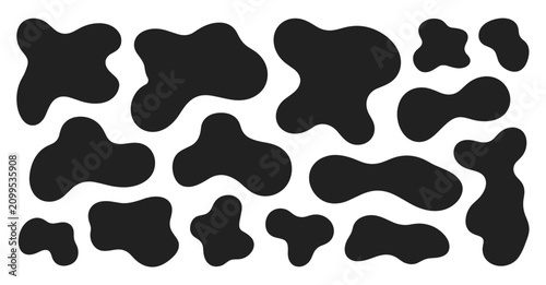 Abstract Organic Shapes: A collection of irregular, free-form organic shapes in black, scattered across a clean white background, creating a modern and minimalist graphic design element.