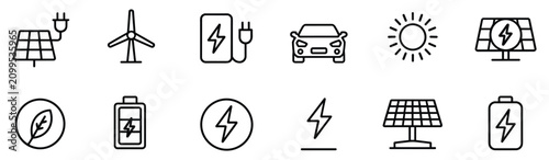 Sustainable Energy Icons: A collection of clean line art icons depicting various renewable energy sources and technologies, including solar panels, wind turbines, electric vehicles, and batteries.