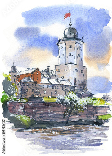 Watercolor painting of an ancient fortress with a tower, a castle