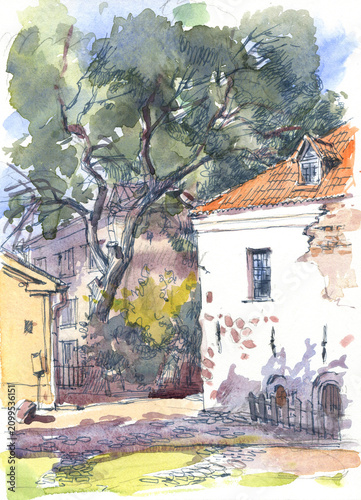 Watercolor illustration of landscape of old city with medieval house with red roof in Vyborg.