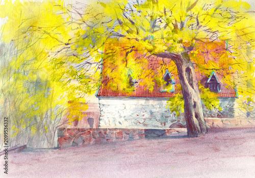 Watercolor illustration of landscape of old city with medieval house with red roof in Vyborg.