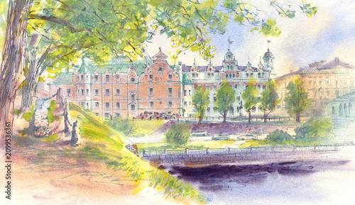  Watercolor illustration of landscape of old town
