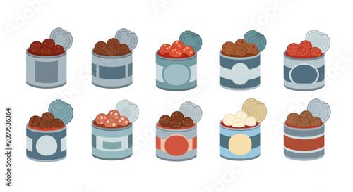 Collection of Open Cans with Various Food Products, Pixel Art Style