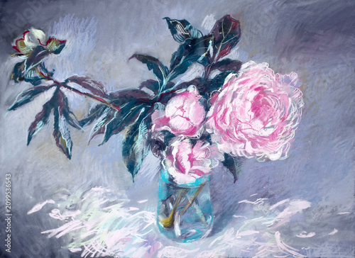 Pastel illustration of peony flowers bouquet.