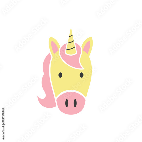 A simple, stylized illustration of a yellow unicorn head with a pink mane and horn.