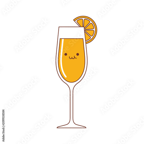 A charming cartoon mimosa cocktail with a citrus slice and a cute face.
