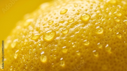 Extreme macro shot of a bright yellow lemon covered in glistening water droplets
