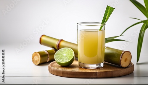refreshing sugarcane juice served in a glass with lime and sugarcane sticks perfect for hot days and tropical getaways white backdrop