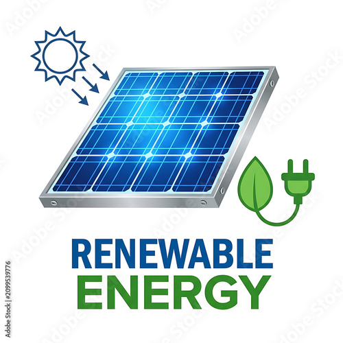Renewable energy solar panel with leaf and plug icon and sun rays
