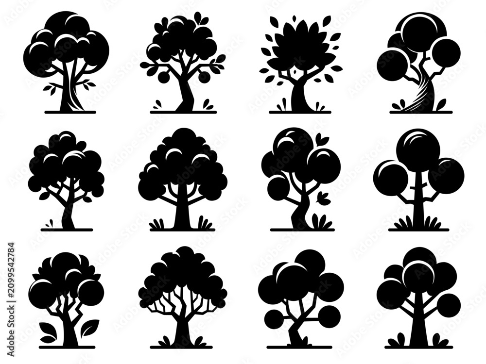 Obraz premium Tree Silhouette Icon Set – Black Vector Trees with Rounded Foliage