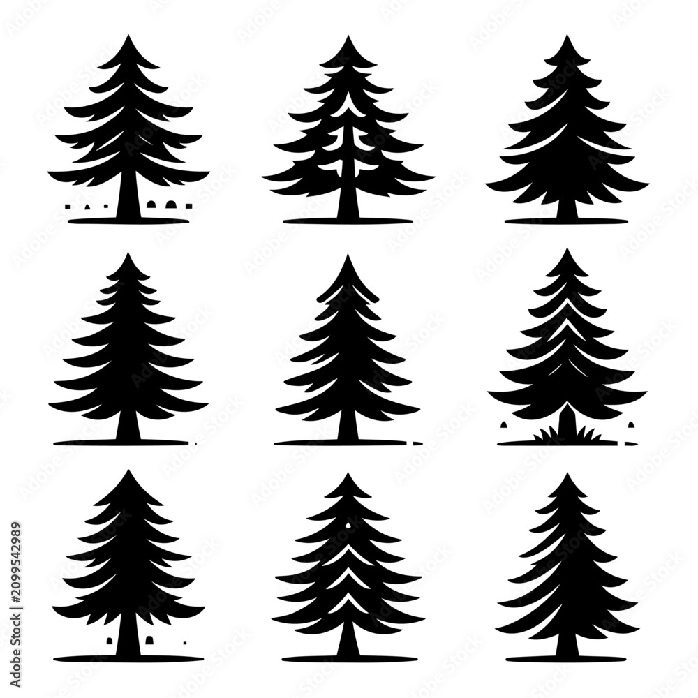 Fototapeta premium Pine Tree Silhouette Icon Set – Black Forest Fir Tree Vector