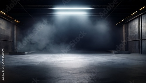 perspective view dark smokey garage interior with spotlight and concrete floor car background and empty stage concept 3d rendering mockup